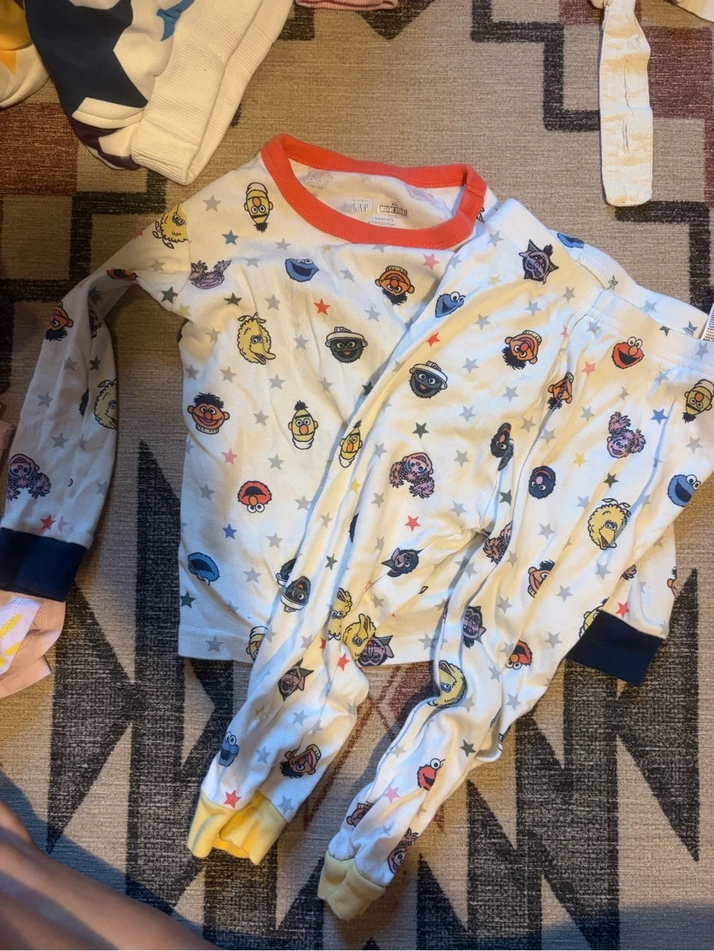 GAP White Kids Pajama Set with Orange Neck Trim and Navy Cuffs